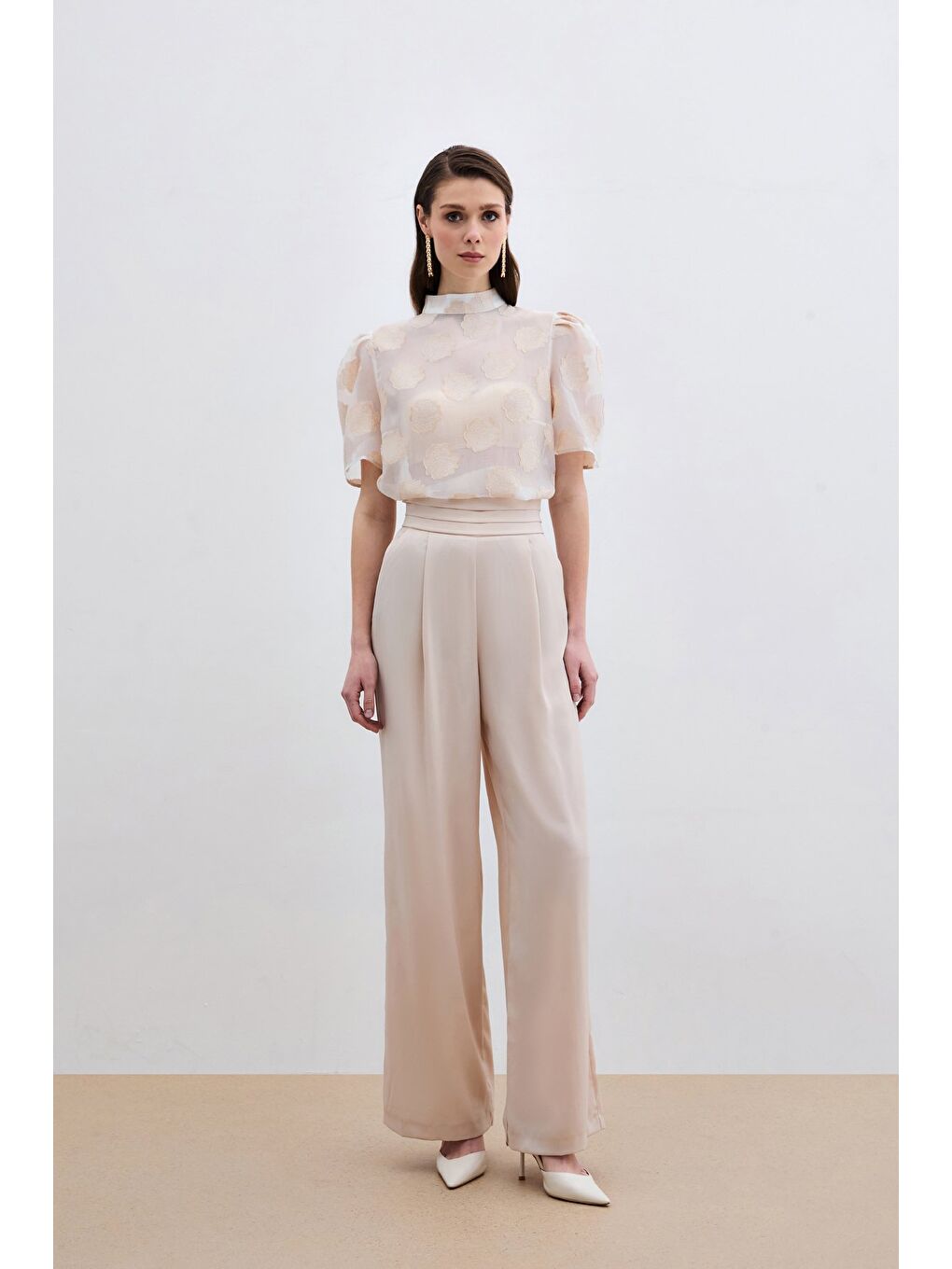 Organze Kısa Kol Bluz - Bej-2