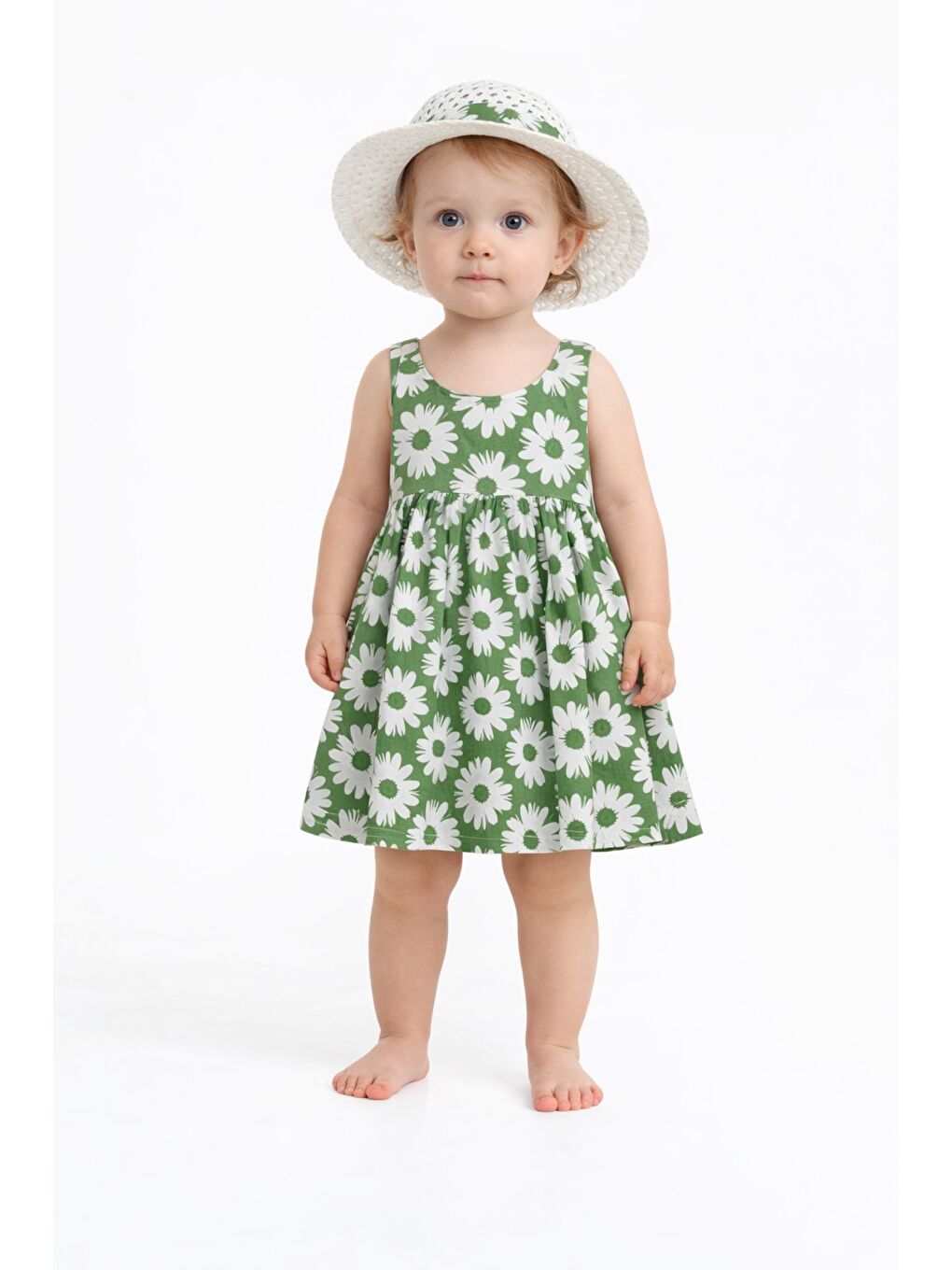 Yeşil Tatlı Kız Bebek Papatya Desenli Tarz Elbise Şapkalı Yazlık Kombin