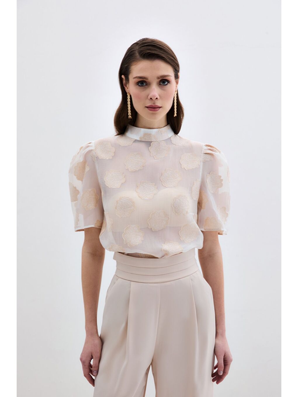 Organze Kısa Kol Bluz - Bej-3
