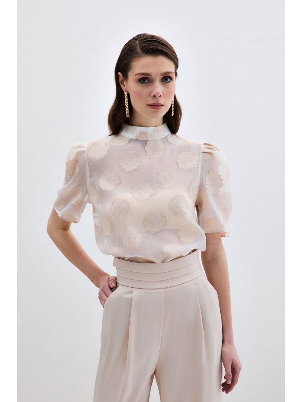 Organze Kısa Kol Bluz - Bej-4