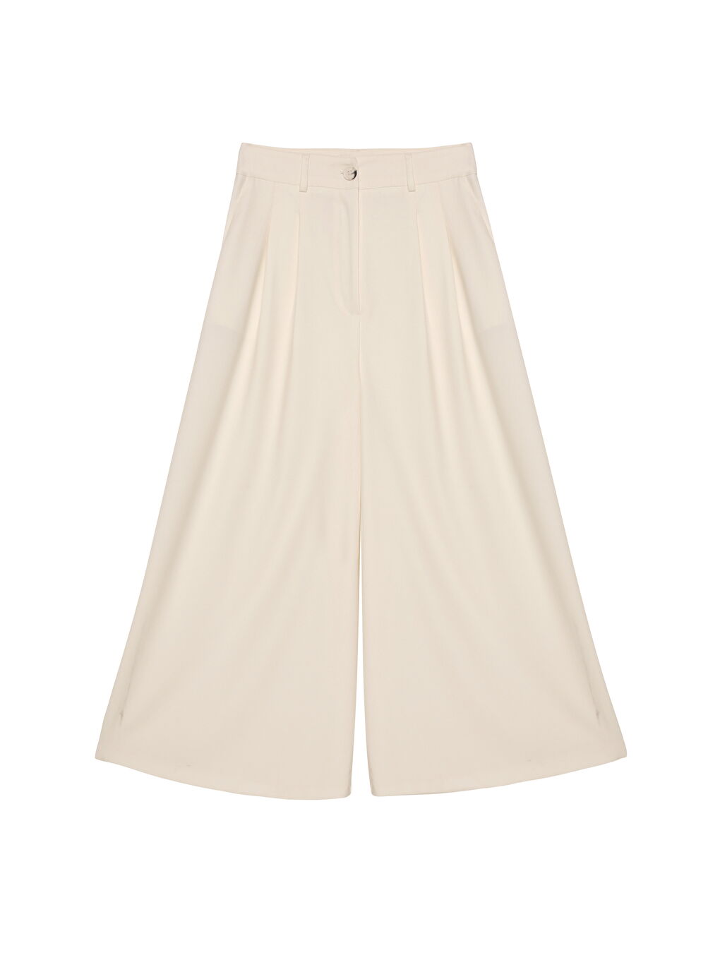 Pile Detaylı Geniş Paça Pantolon Ekru-1