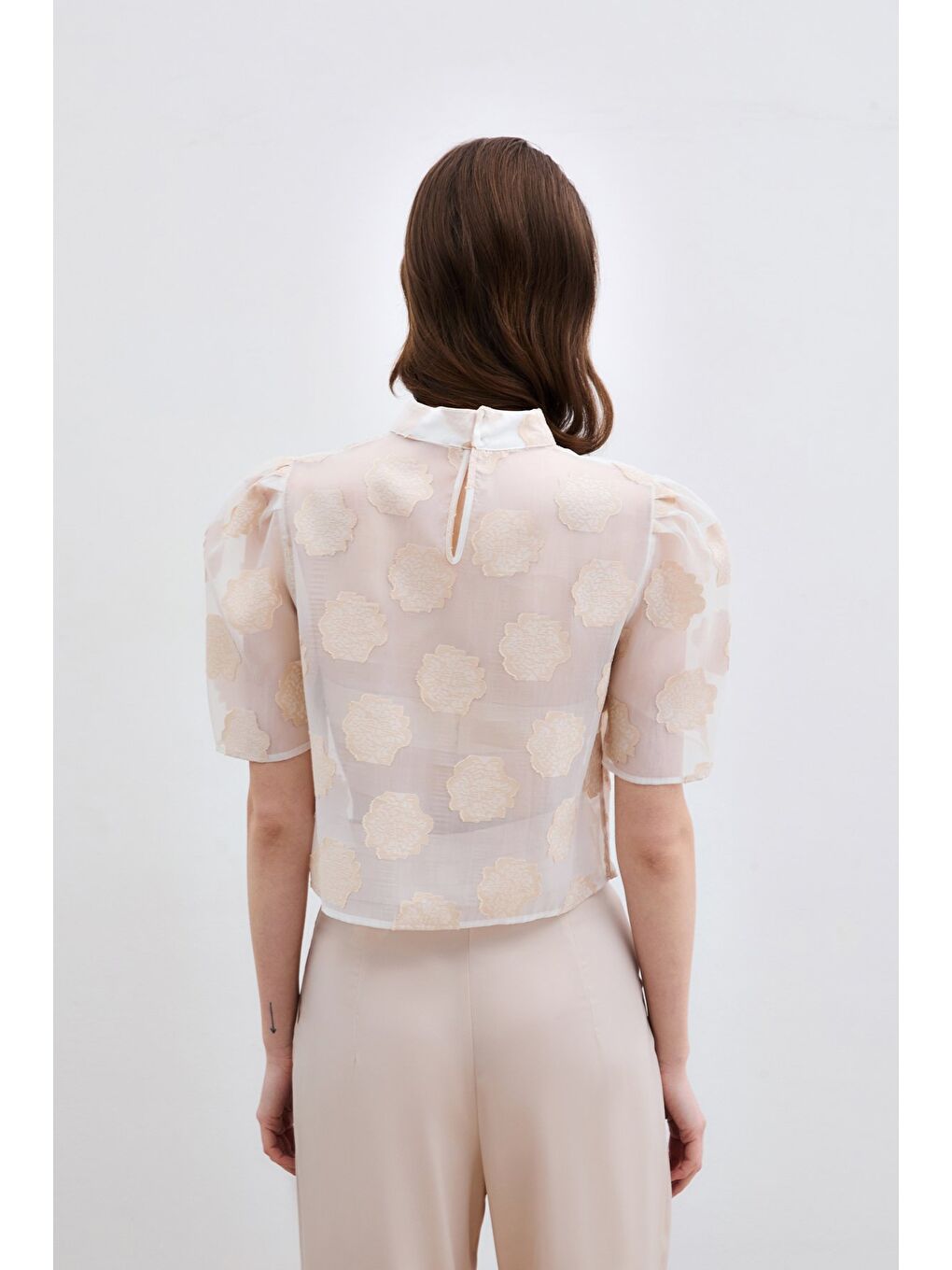 Organze Kısa Kol Bluz - Bej-5