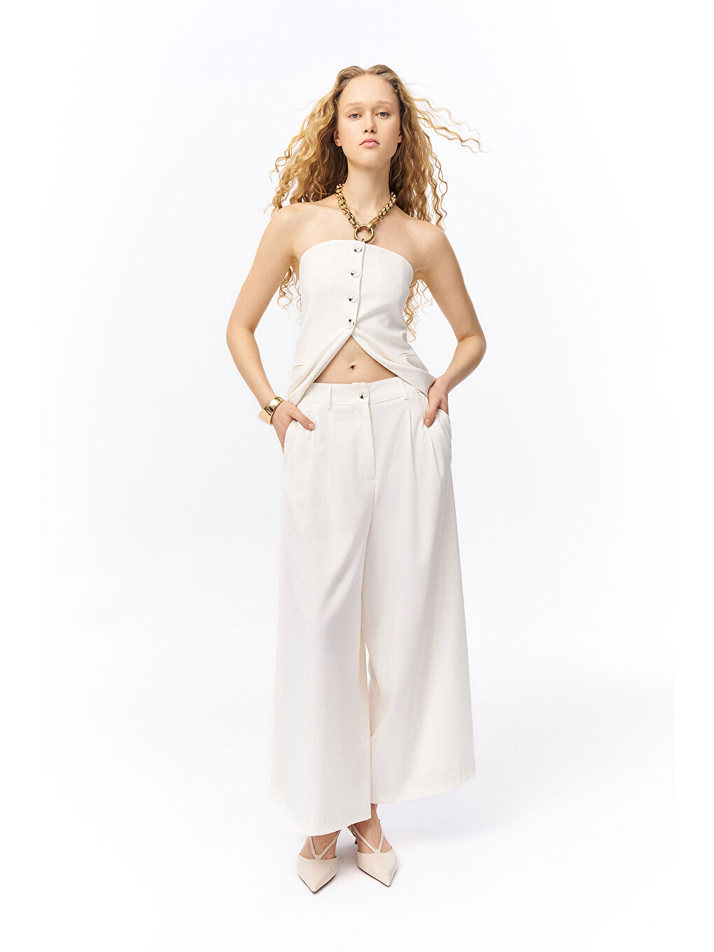 Pile Detaylı Geniş Paça Pantolon Ekru-2