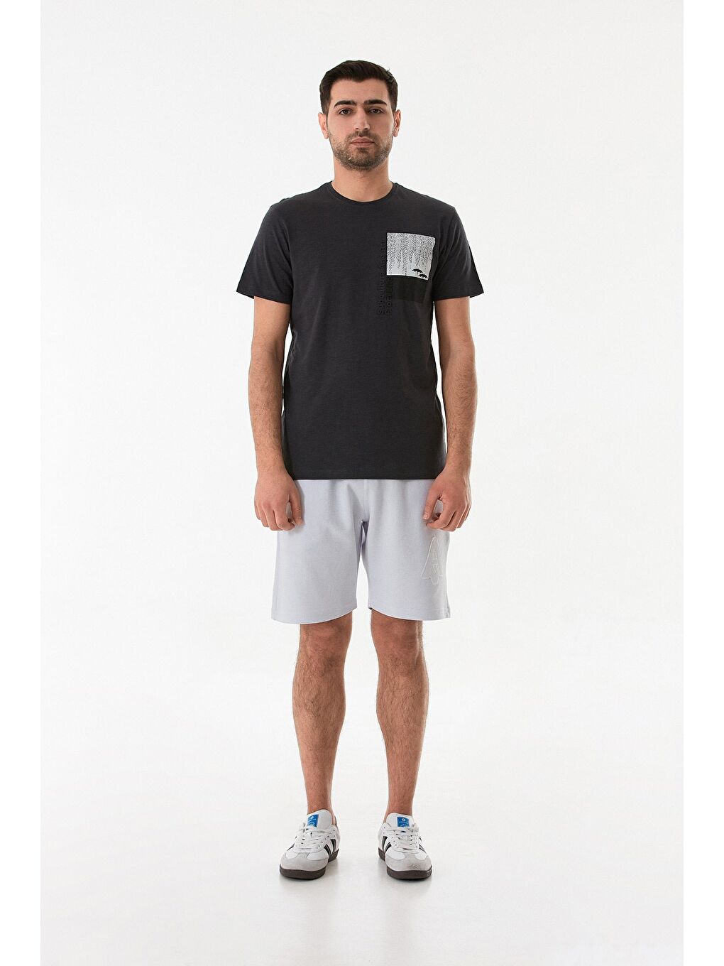 Antrasit Grafik Baskılı Bisiklet Yaka Tişört-1