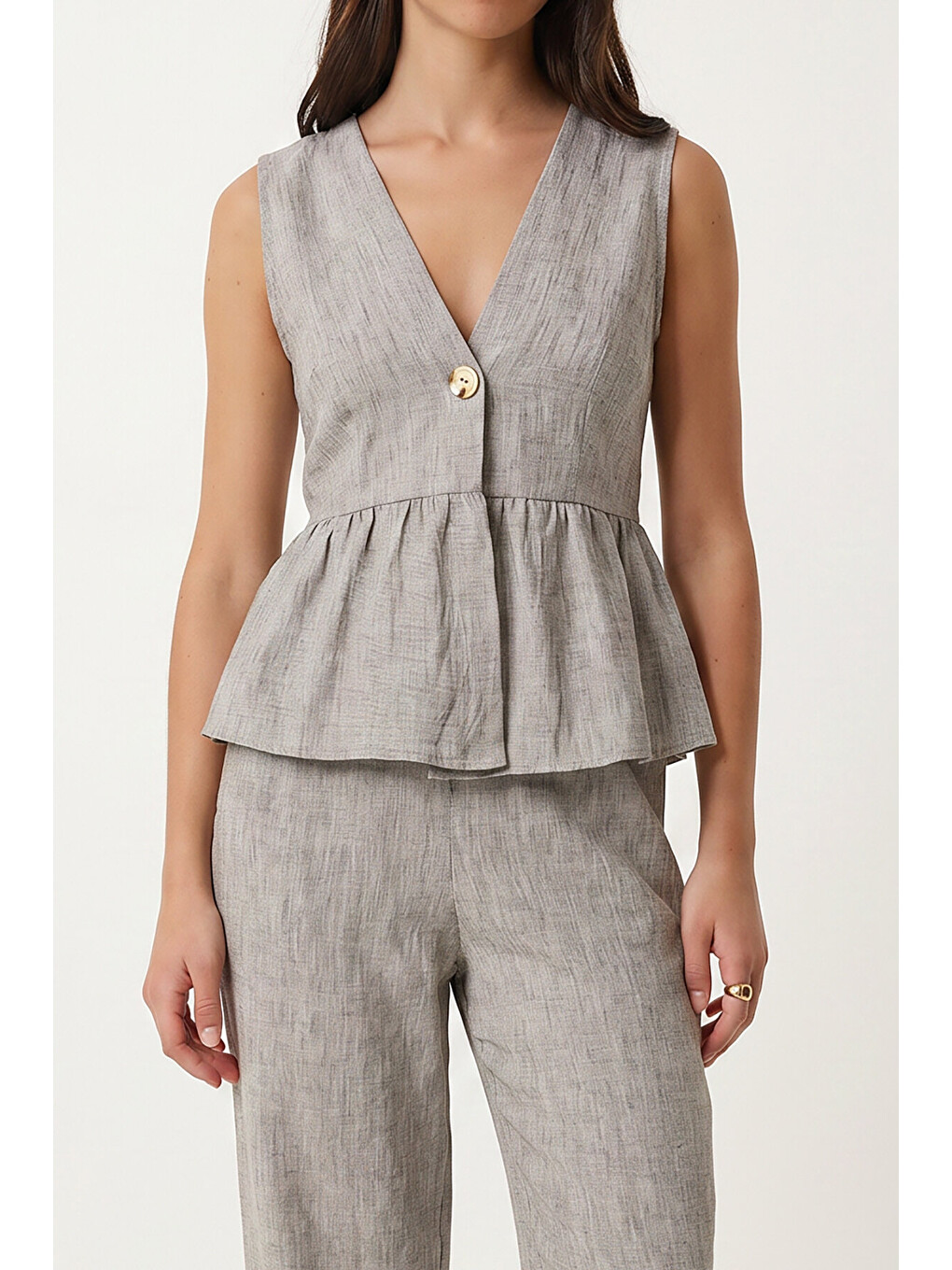 Gri Keten Bluz Pantolon Takım GRİ LAZ0009-2