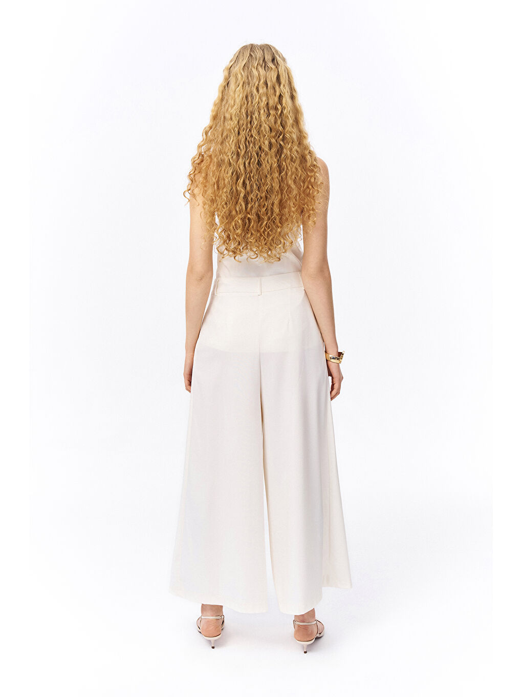 Pile Detaylı Geniş Paça Pantolon Ekru-4