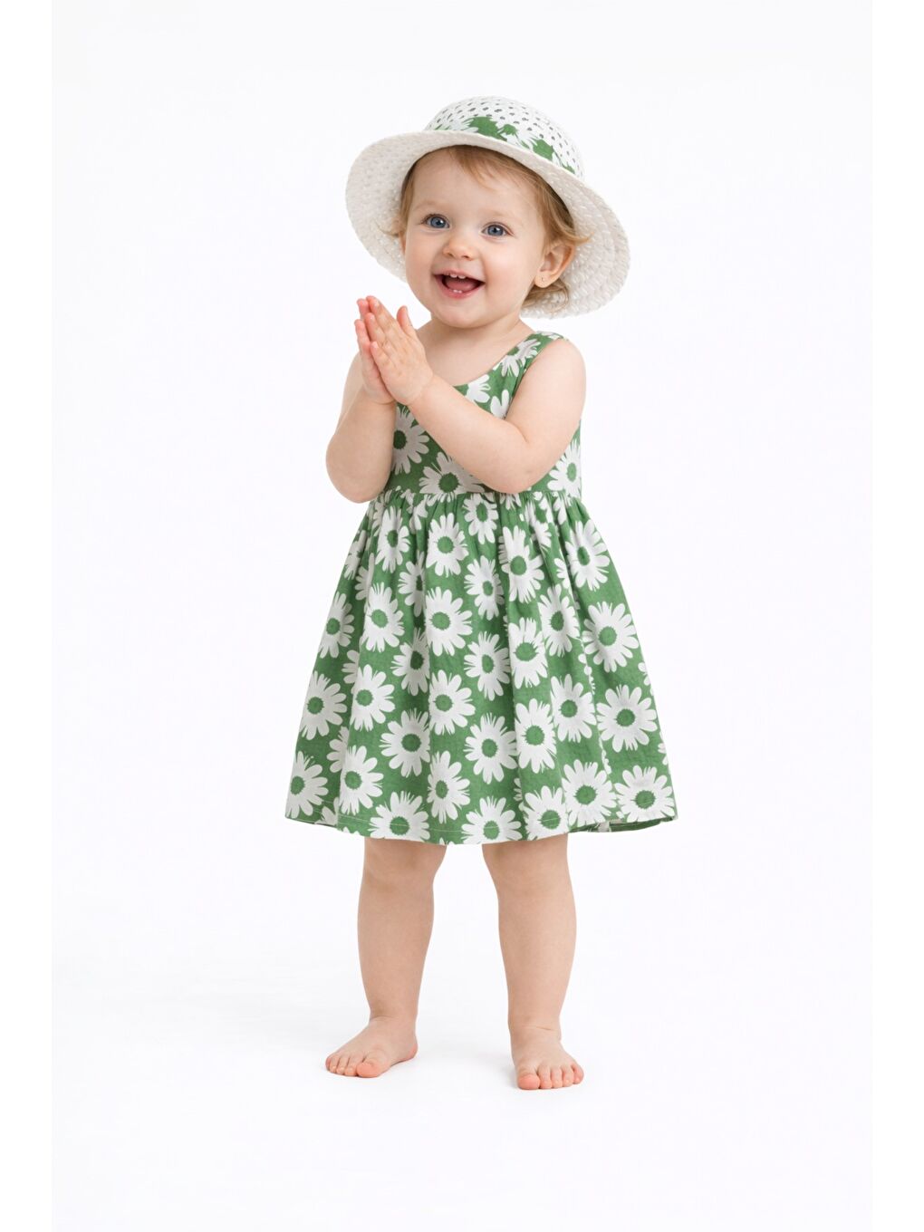 Yeşil Tatlı Kız Bebek Papatya Desenli Tarz Elbise Şapkalı Yazlık Kombin-1