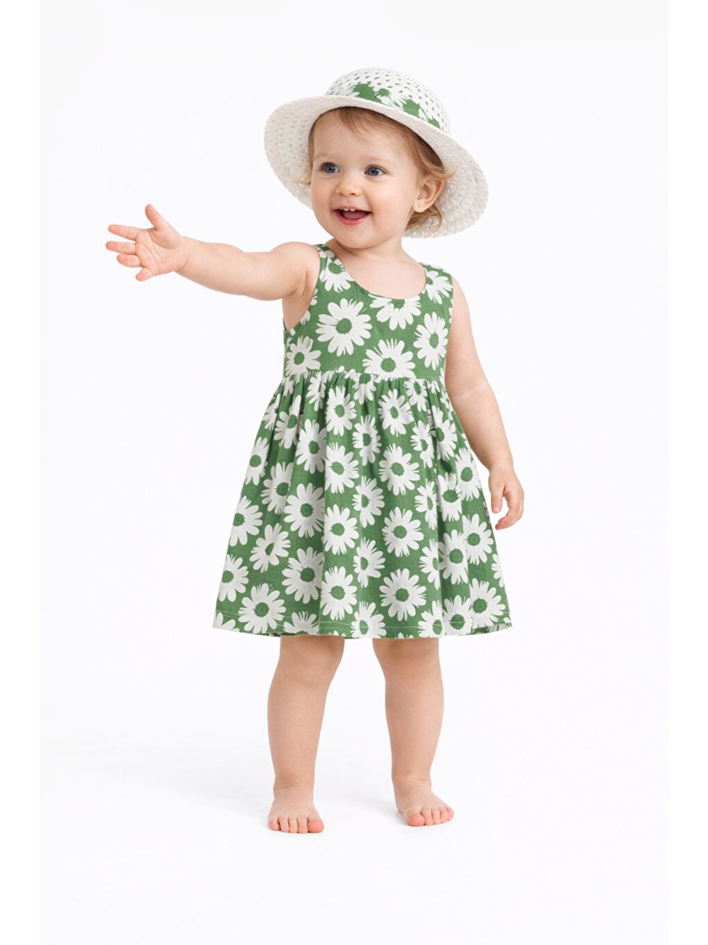 Yeşil Tatlı Kız Bebek Papatya Desenli Tarz Elbise Şapkalı Yazlık Kombin-2