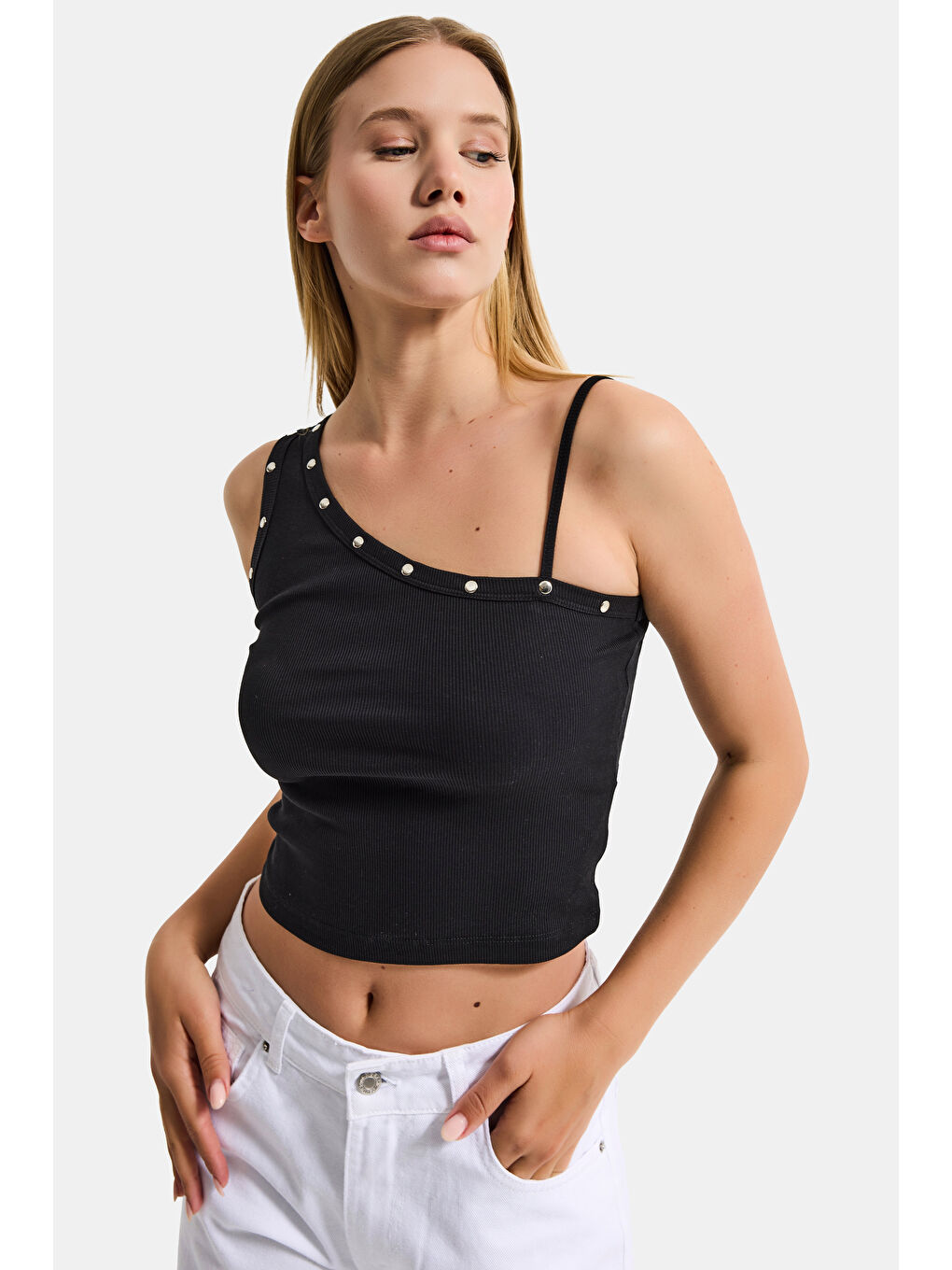 Kadın Siyah w5 Drop Detaylı Tek Kol Askılı Özel Elastan Kumaş Body-1