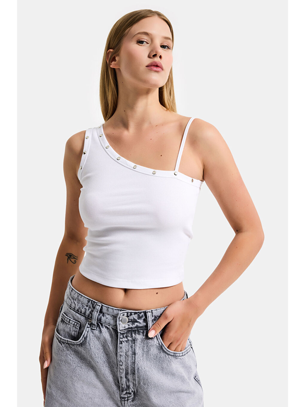 Kadın Beyaz w5 Drop Detaylı Tek Kol Askılı Özel Elastan Kumaş Body