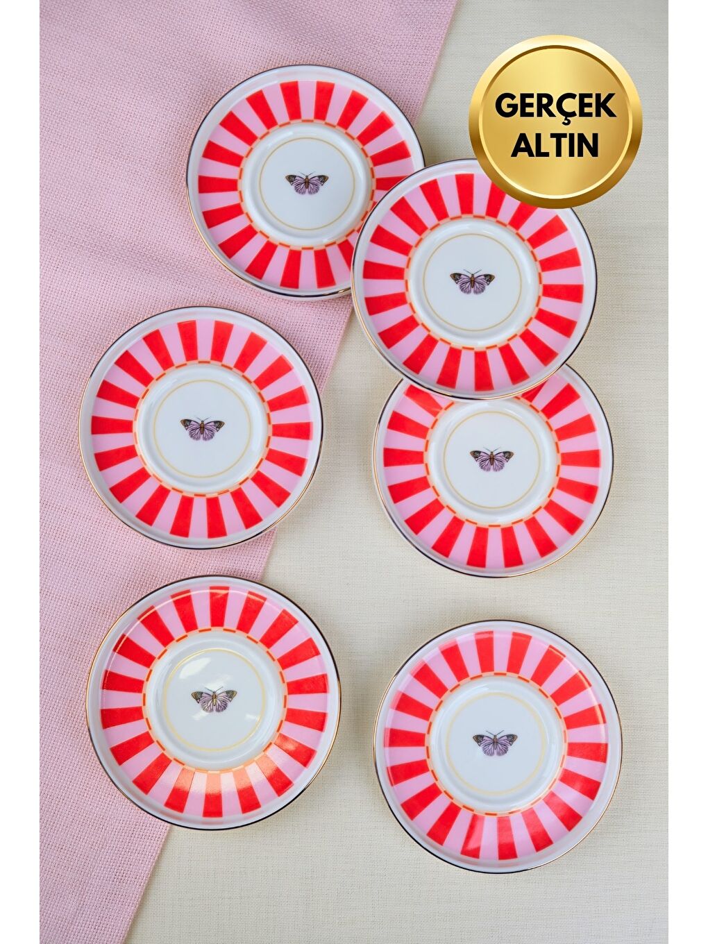 Karışık Porselen Butterfly Collection Altın Yaldızlı Çay Tabağı 11,8cm Kırmızı 6 lı
