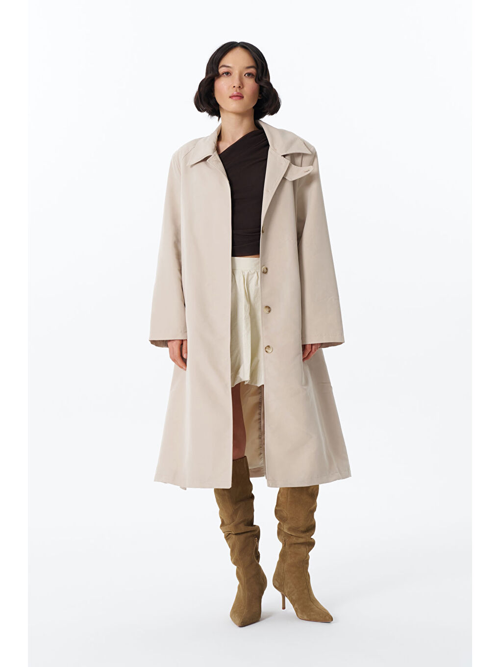 Beli Kemerli Uzun Trençkot Bej-1