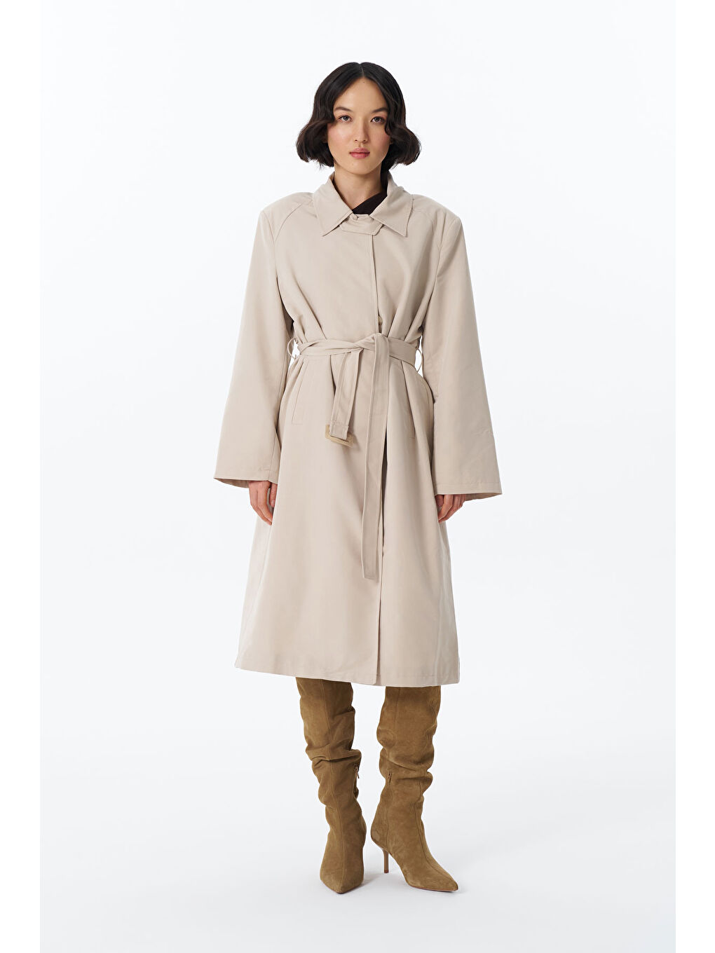 Beli Kemerli Uzun Trençkot Bej-2