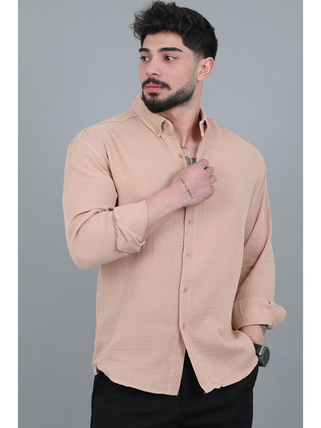 Bej Oversize Müslin Yazlık Uzun Kol Gömlek MRS 202_40417-1