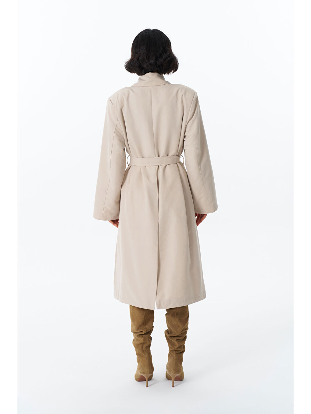 Beli Kemerli Uzun Trençkot Bej-4