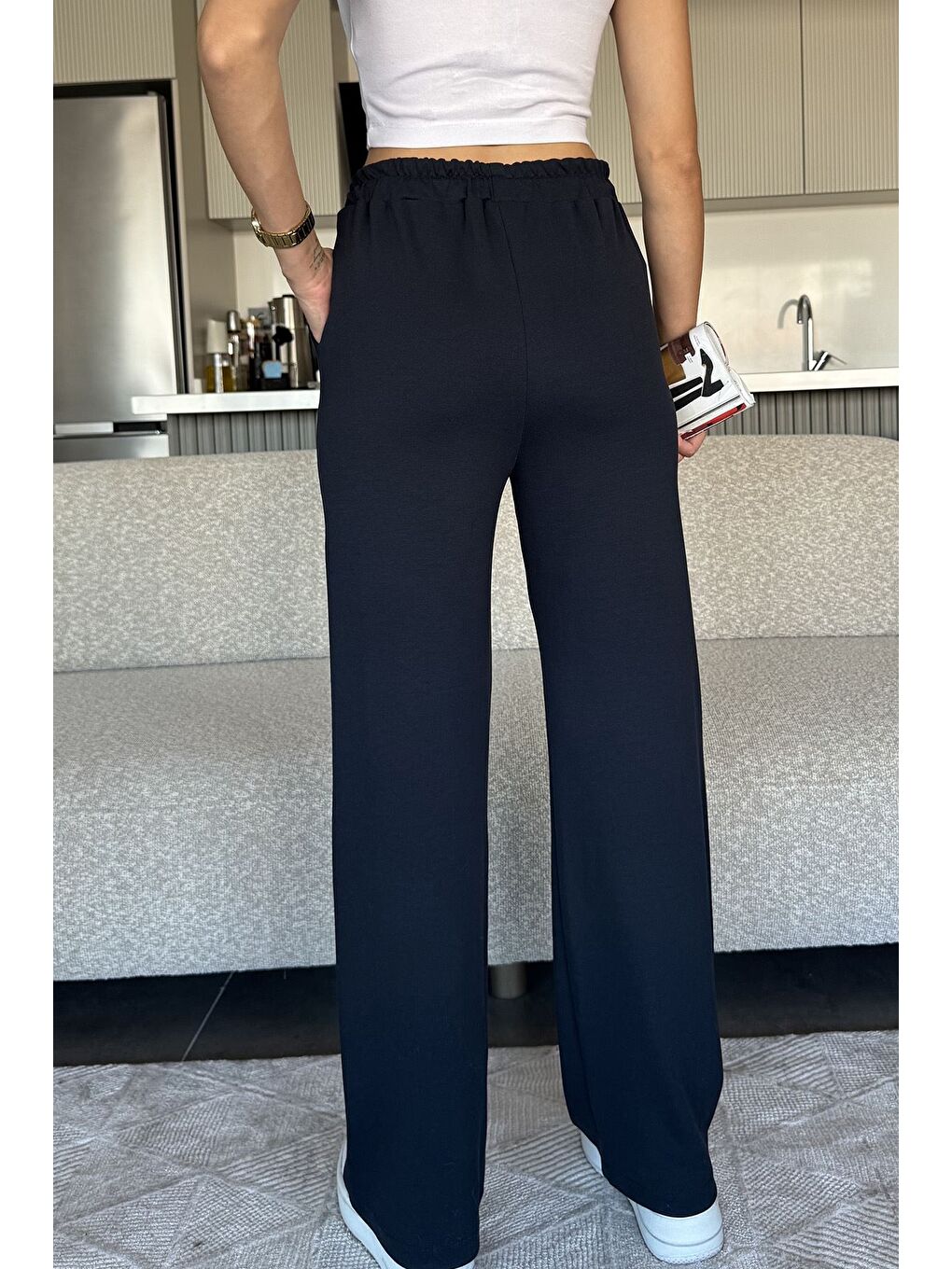 Lacivert Bel Lastikli Bol Paça Eşofman Altı-2