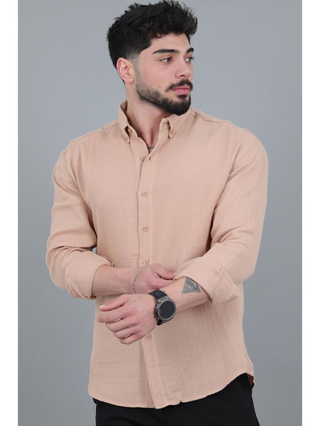 Bej Oversize Müslin Yazlık Uzun Kol Gömlek MRS 202_40417-2