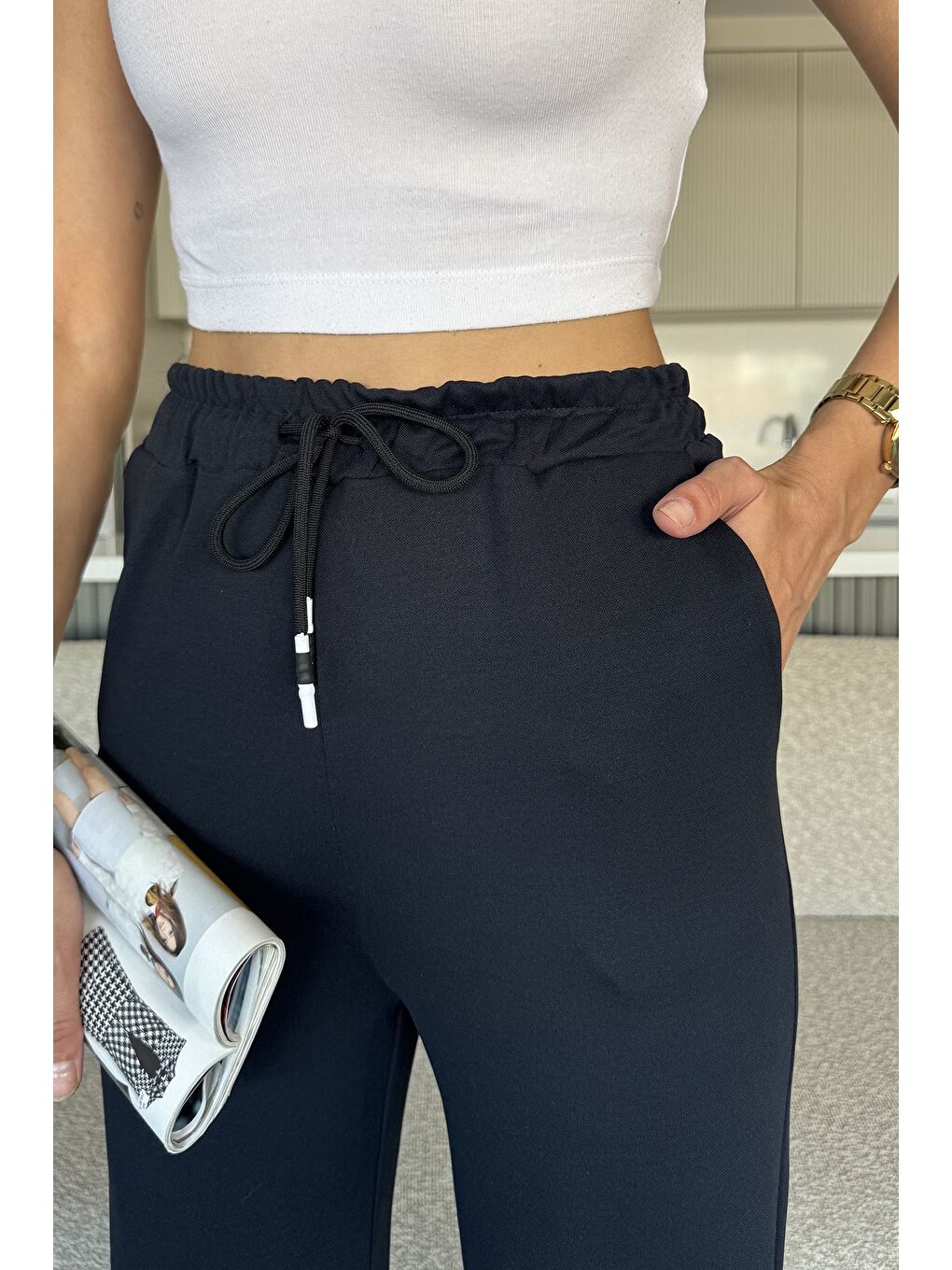 Lacivert Bel Lastikli Bol Paça Eşofman Altı-3