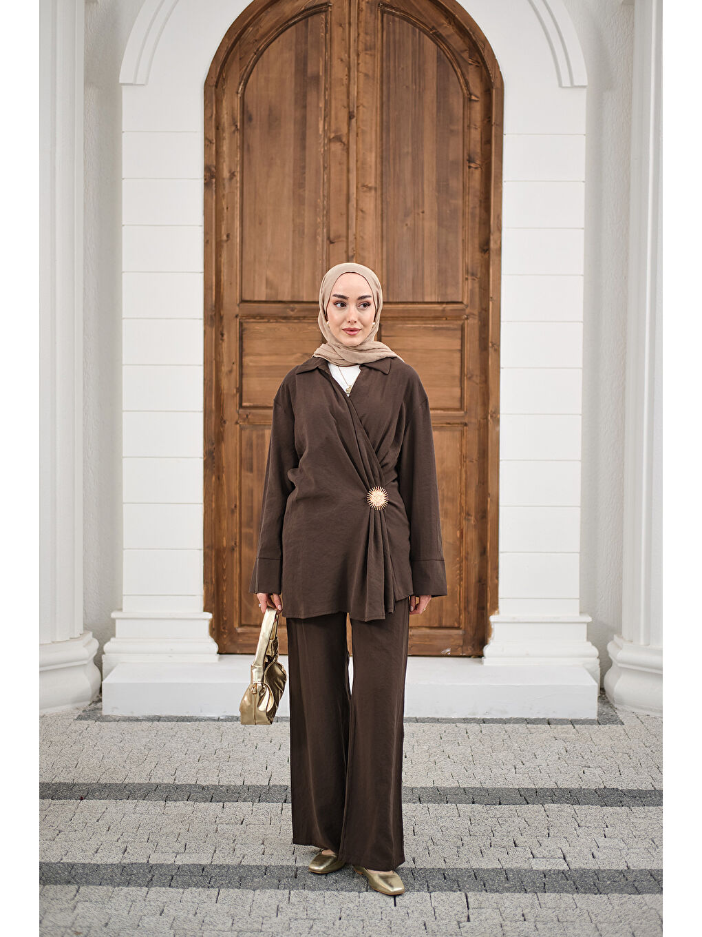 Kadın Yandan Bağlamalı Broş Detay Takım Kahverengi-2