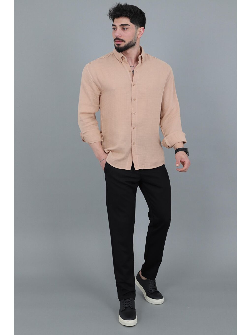 Bej Oversize Müslin Yazlık Uzun Kol Gömlek MRS 202_40417-3