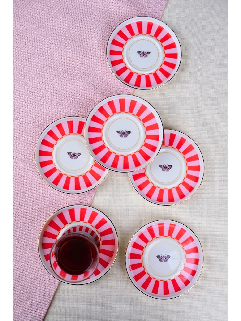 Karışık Porselen Butterfly Collection Altın Yaldızlı Çay Tabağı 11,8cm Kırmızı 6 lı-1