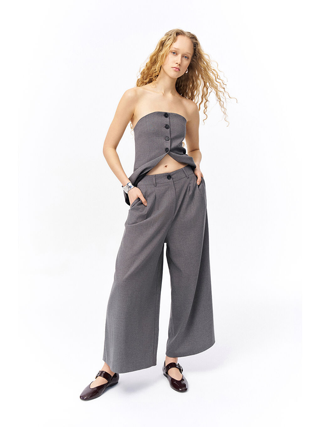 Pile Detaylı Geniş Paça Pantolon Koyu Gri