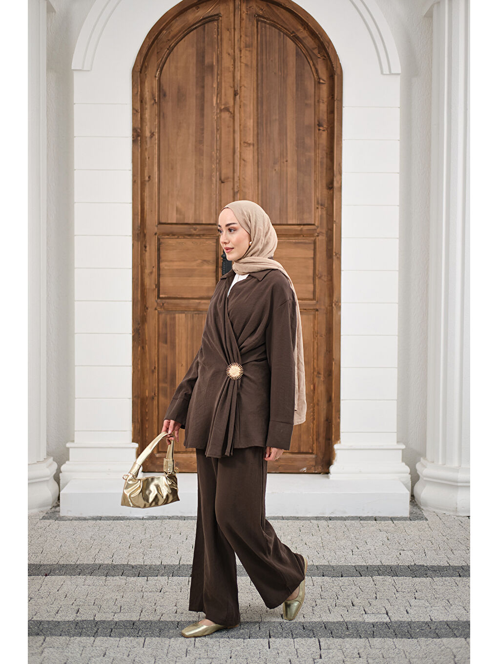 Kadın Yandan Bağlamalı Broş Detay Takım Kahverengi-4