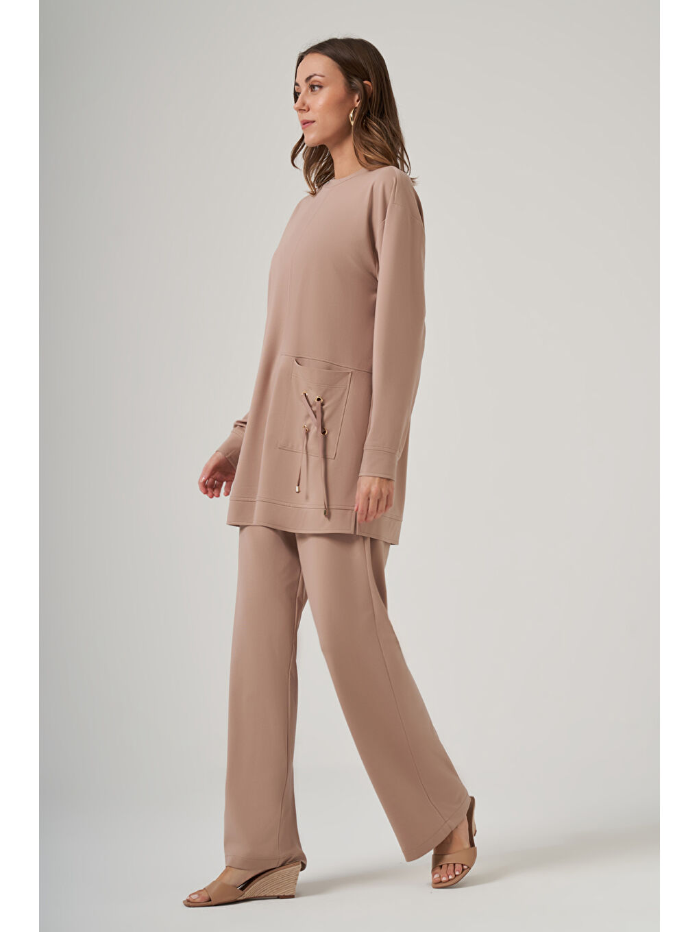 Kahverengi Cep Detay Pantolonlu Takım 1094 Camel-1