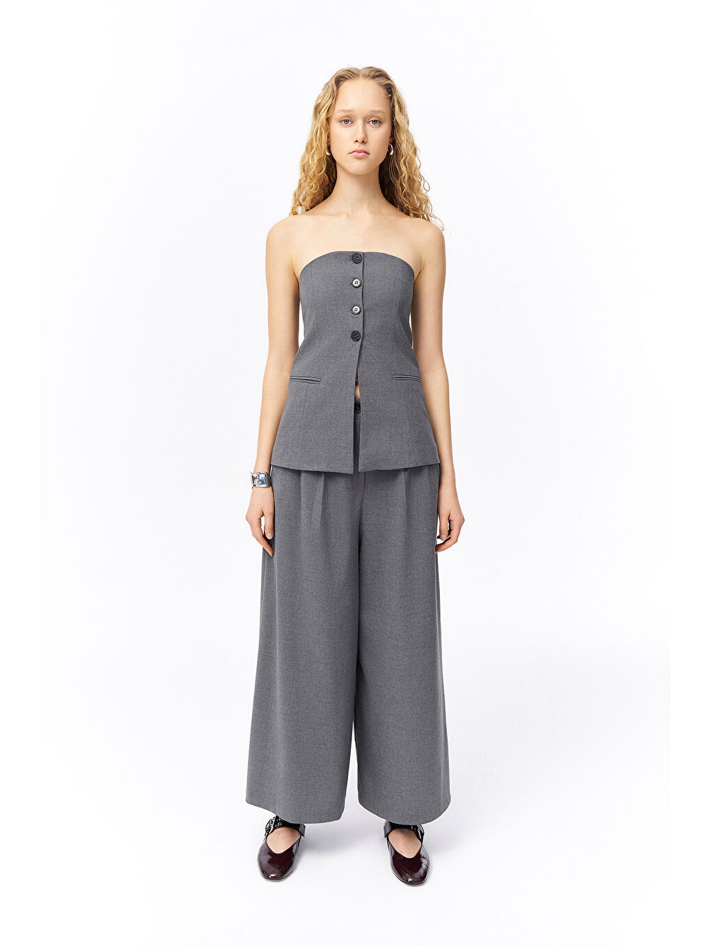 Pile Detaylı Geniş Paça Pantolon Koyu Gri-2