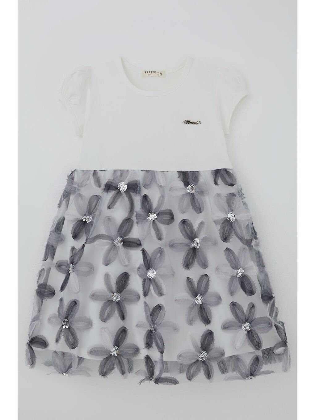 Kız Çocuk Elbise 3D Papatya Çiçek Aplikeli Pul Detaylı Ekru (4-9 Yaş)