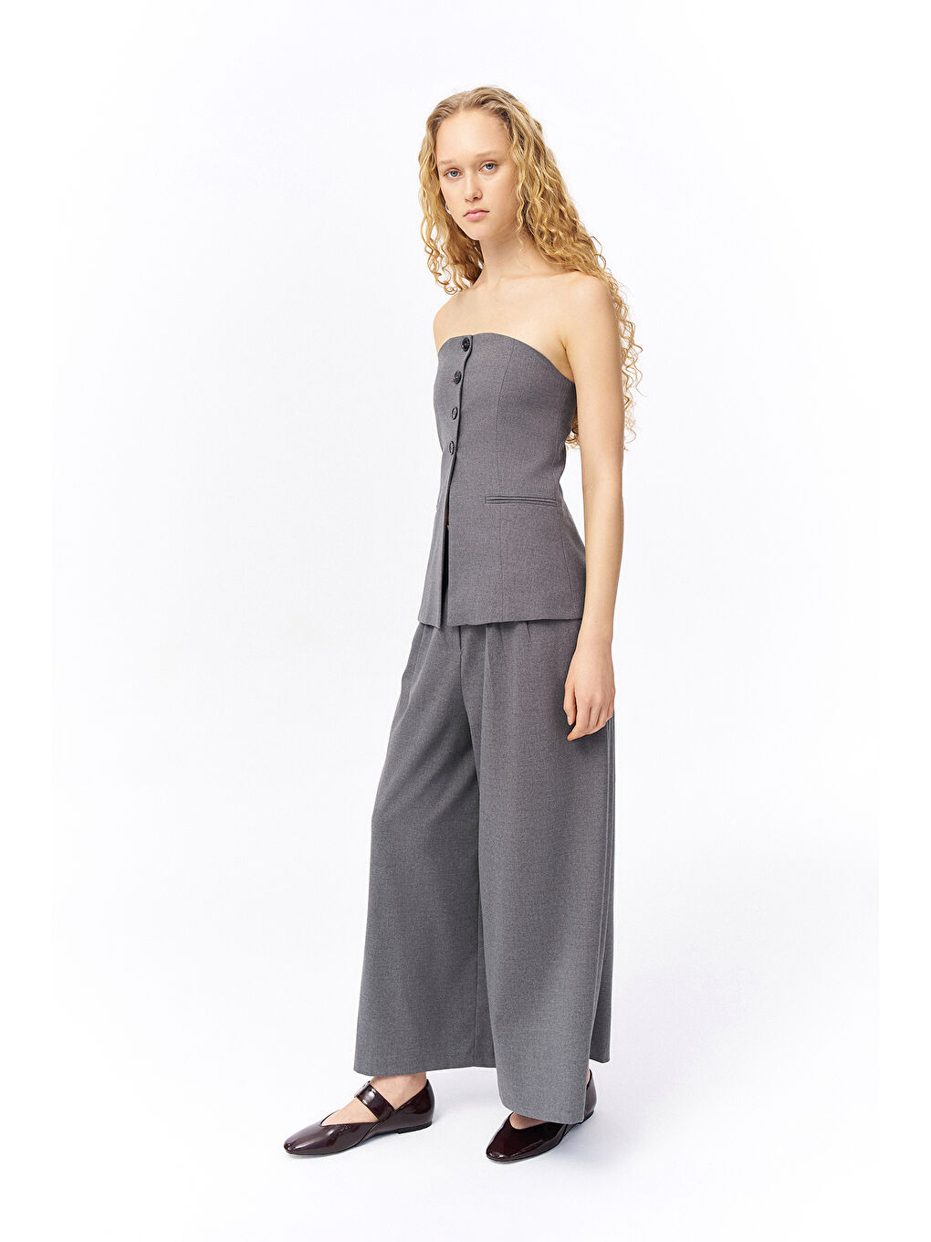 Pile Detaylı Geniş Paça Pantolon Koyu Gri-3