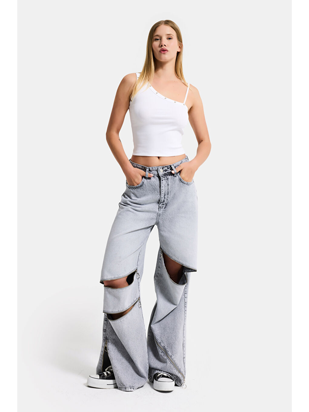 Kadın Beyaz w5 Drop Detaylı Tek Kol Askılı Özel Elastan Kumaş Body-4