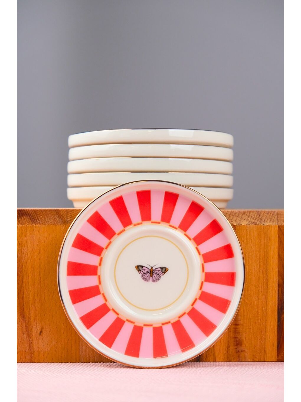Karışık Porselen Butterfly Collection Altın Yaldızlı Çay Tabağı 11,8cm Kırmızı 6 lı-4