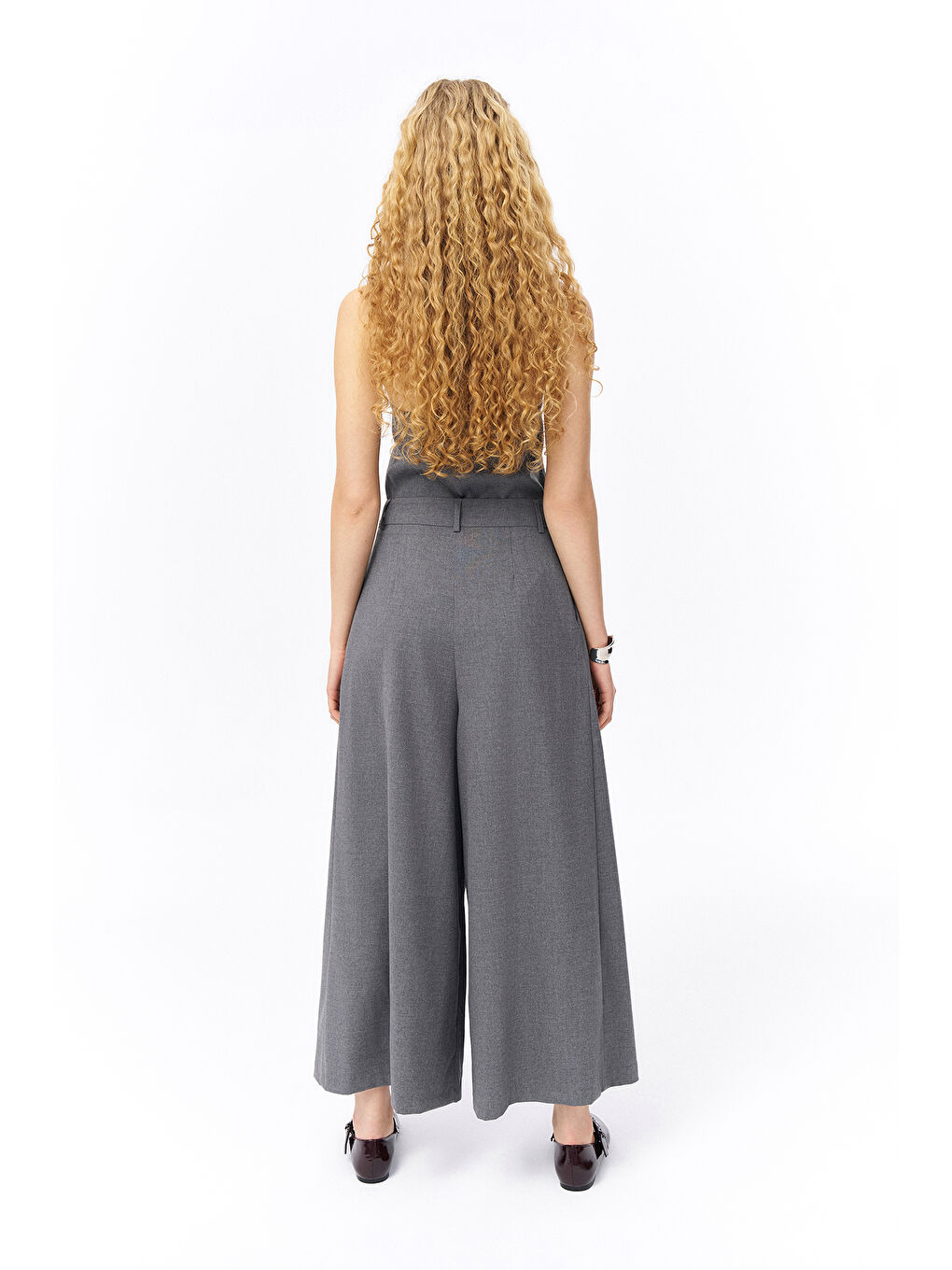 Pile Detaylı Geniş Paça Pantolon Koyu Gri-4