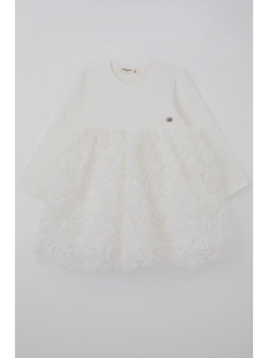 Kız Çocuk Uzun Kollu Elbise Etek Kısmı Organze Kabartmalı Çiçek Tül Detaylı Ekru (3-7 Yaş)-1
