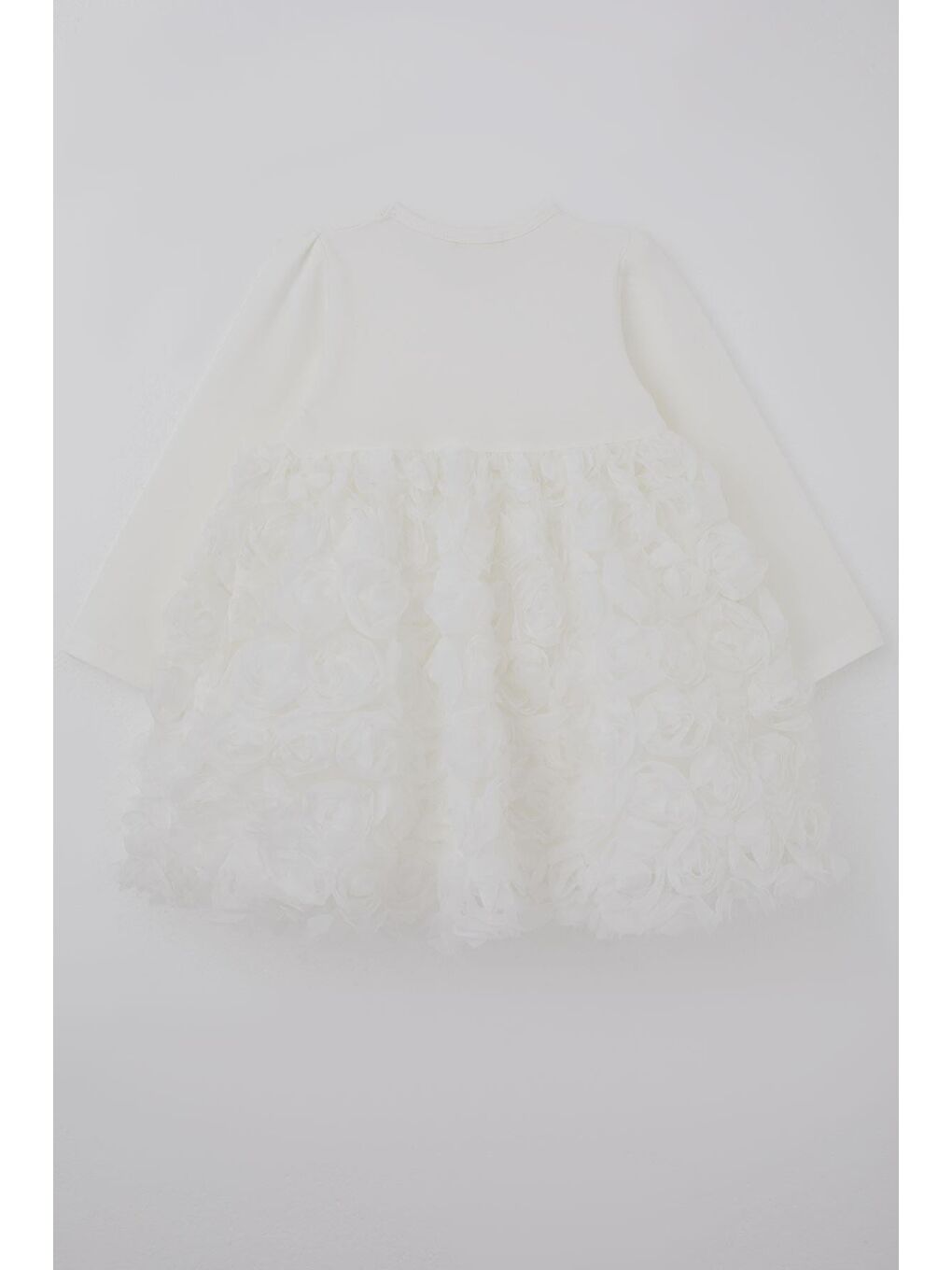 Kız Çocuk Uzun Kollu Elbise Etek Kısmı Organze Kabartmalı Çiçek Tül Detaylı Ekru (3-7 Yaş)-2