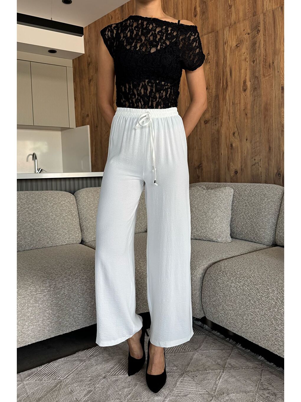 Ekru Kadın Bel Lastikli Bol Kesim Pantolon-1