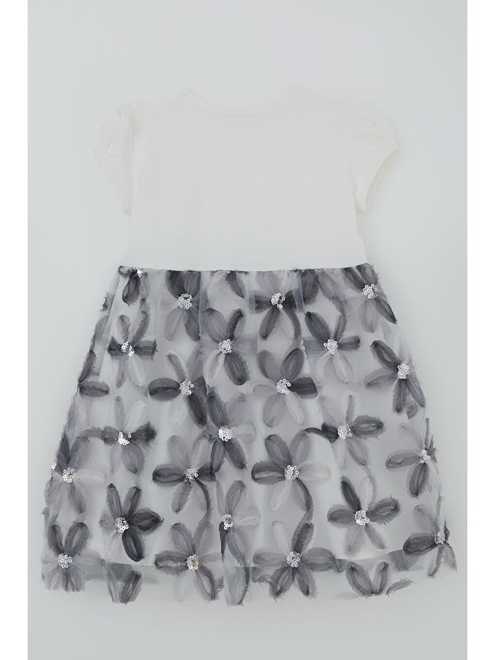 Kız Çocuk Elbise 3D Papatya Çiçek Aplikeli Pul Detaylı Ekru (4-9 Yaş)-1