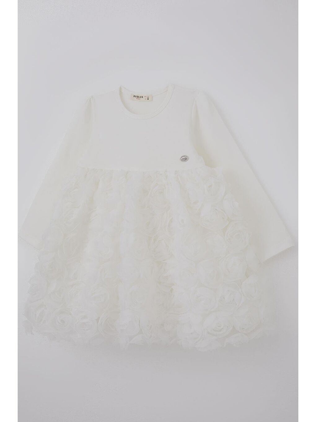 Kız Çocuk Uzun Kollu Elbise Etek Kısmı Organze Kabartmalı Çiçek Tül Detaylı Ekru (3-7 Yaş)-3