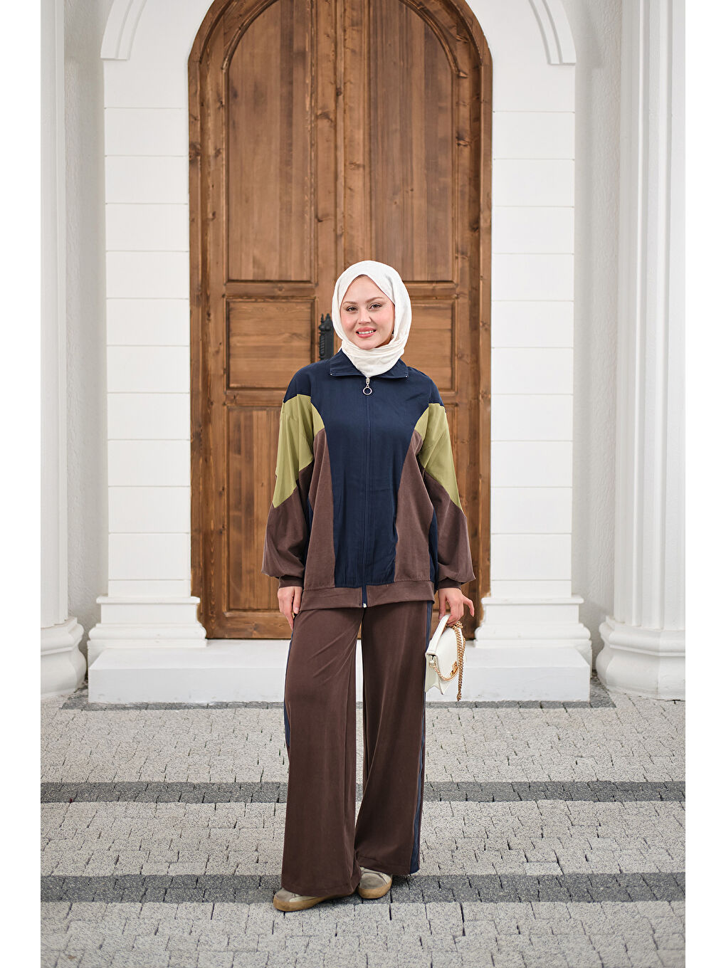 Kadın Parça Renk Detay Fermuarlı İkili Takım Lacivert