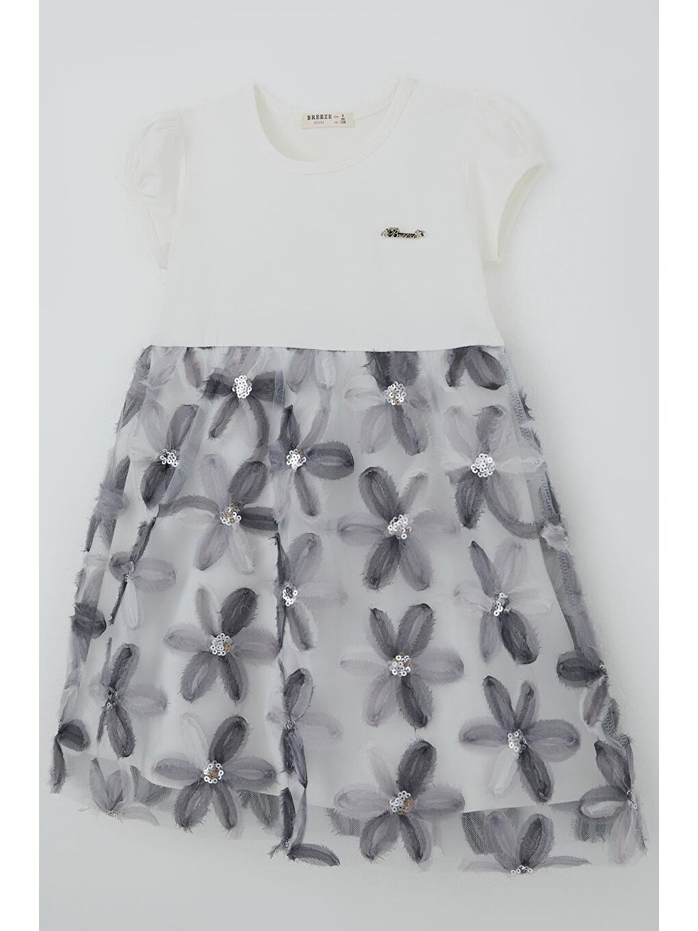 Kız Çocuk Elbise 3D Papatya Çiçek Aplikeli Pul Detaylı Ekru (4-9 Yaş)-2
