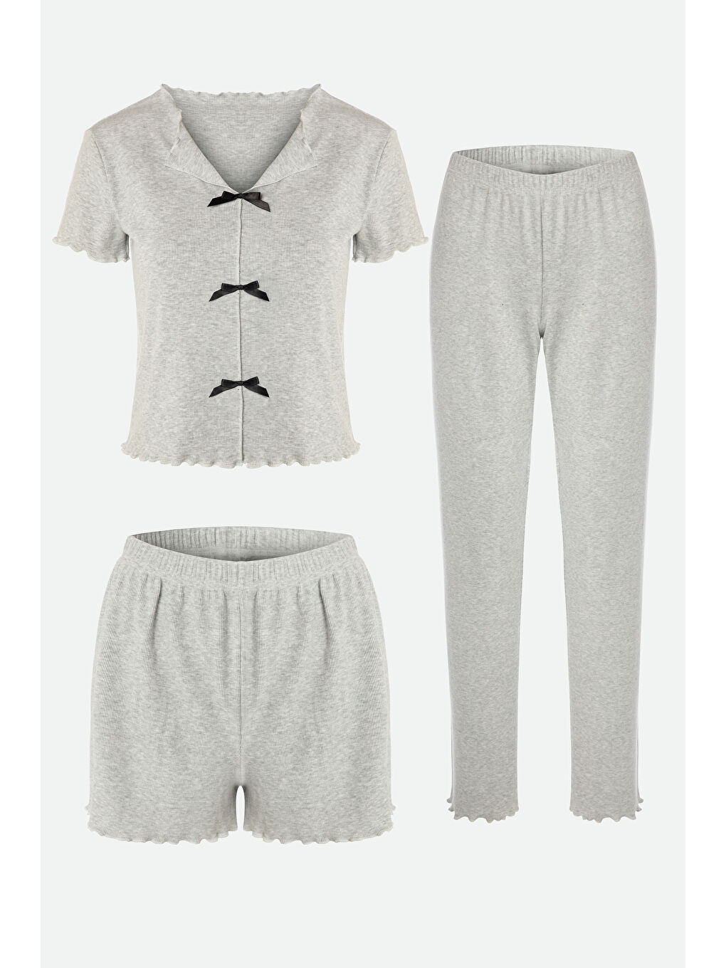 Koza İç Giyim Kadın Pamuklu 3'lü Gri Melanj Fiyonklu Kaşkorse Pijama Takımı