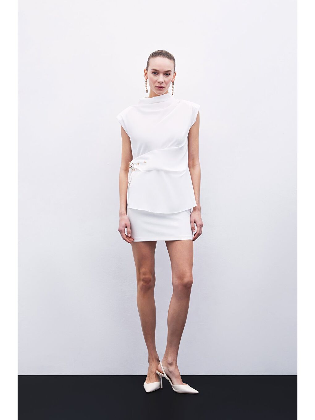 Kemerli Kolsuz Bluz - Ekru-2