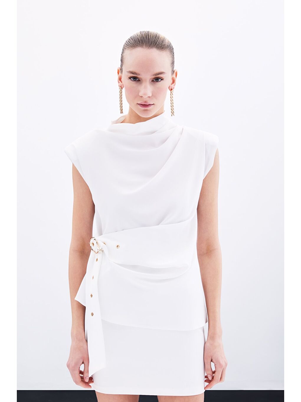 Kemerli Kolsuz Bluz - Ekru-3