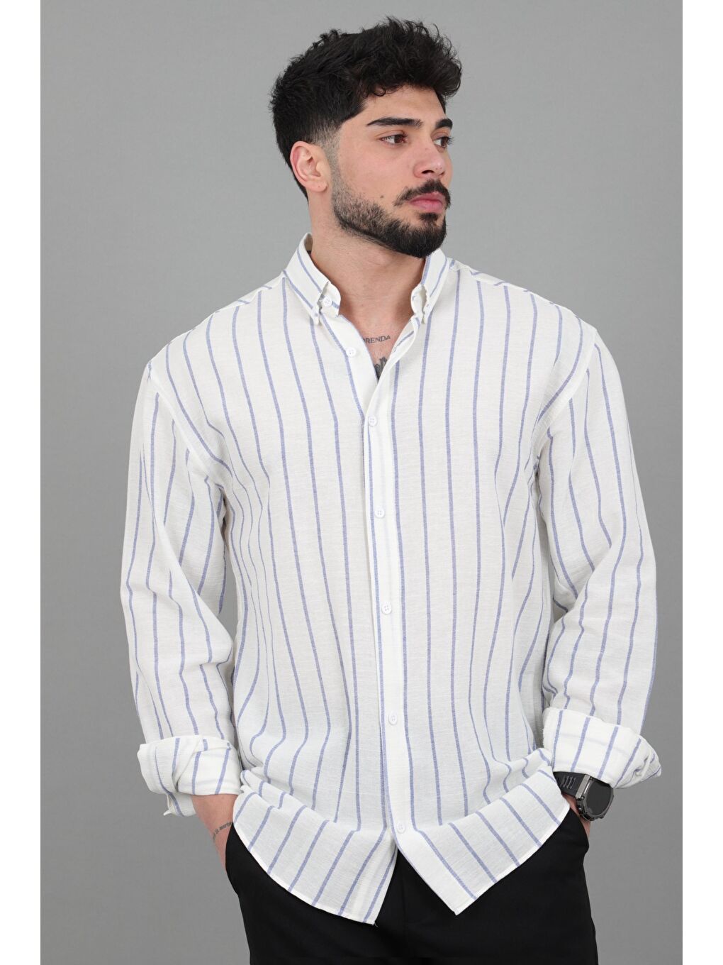 Mavi Şile Çizgili Oversize Uzun Kol Yazlık Gömlek MRS 226_40418