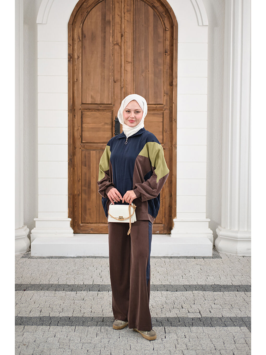 Kadın Parça Renk Detay Fermuarlı İkili Takım Lacivert-4