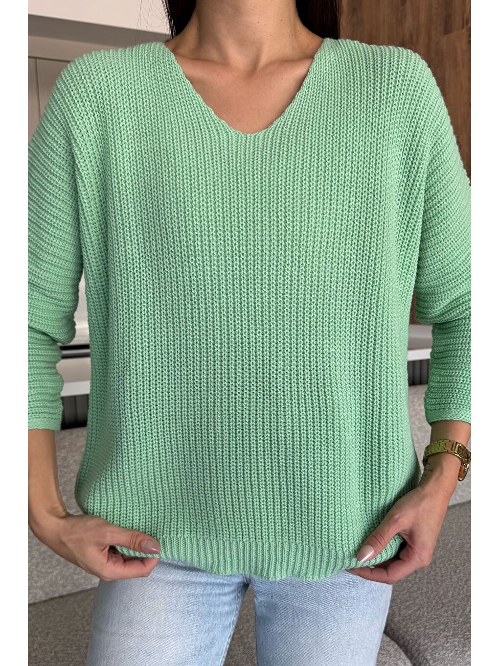 Yeşil V Yaka Salaş Triko Bluz (s,m,l,xl Uyumludur)-2