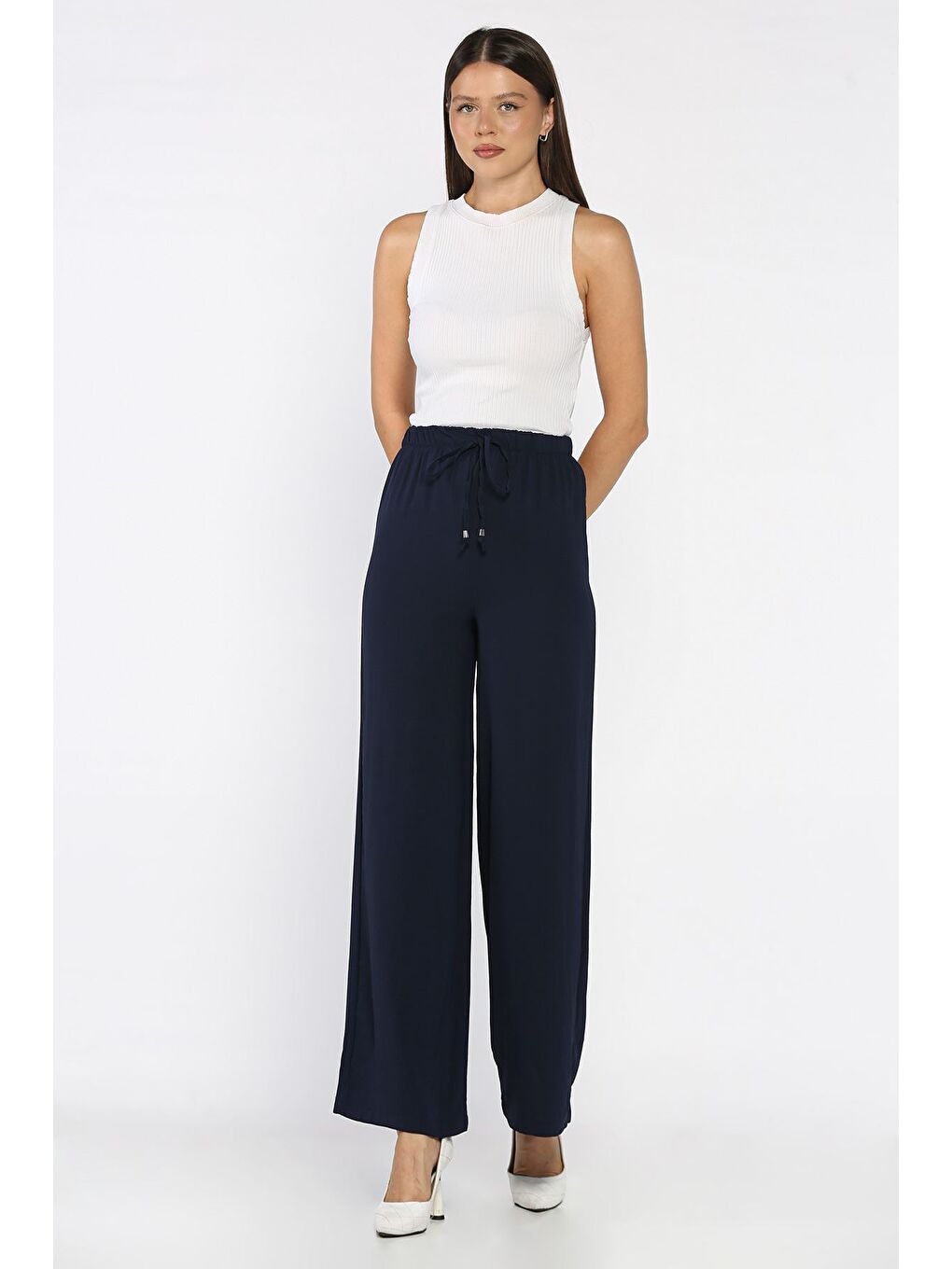 Lacivert Kadın Bel Lastikli Bol Kesim Pantolon-1