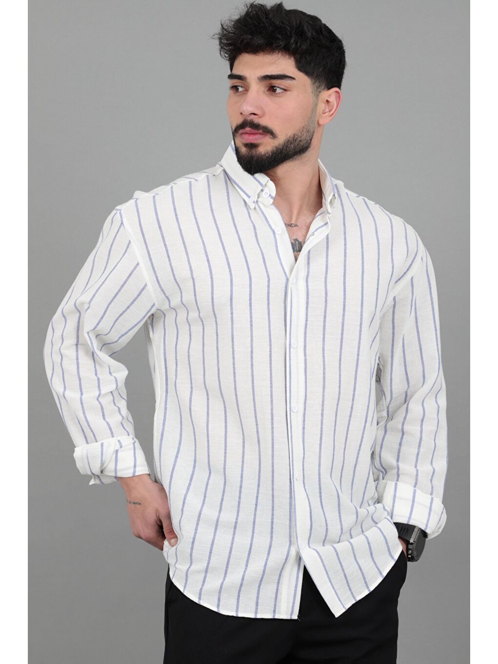 Mavi Şile Çizgili Oversize Uzun Kol Yazlık Gömlek MRS 226_40418-1