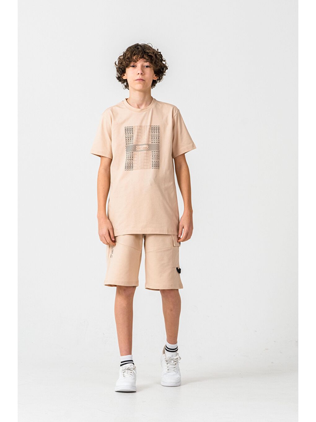 Bej New York City Urban 1992 League Baskılı Kargo Cepli Erkek Çocuk Şort - Tişört Takımı